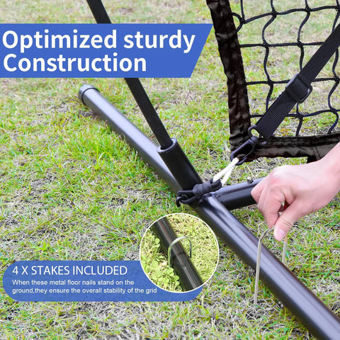 Ground stakes securing 6x6 Foot Baseball Softball Practice Net For Hitting Pitching And Catching with bow frame and knotless netting.