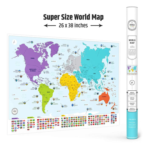 Colorful Wall Map Poster With Flags And Capitals, 26x38 inches, showing color-coded continents for learning countries, classroom use