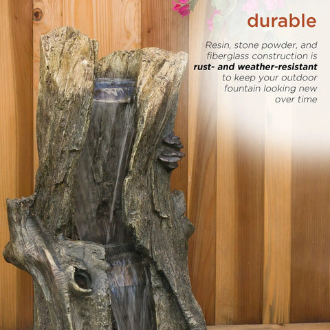 Outdoor Rainforest Waterfall Tree Trunk Floor Fountain With Led Lights, Tiered Garden Decor, 41 Inch Tall Brown, Plug In