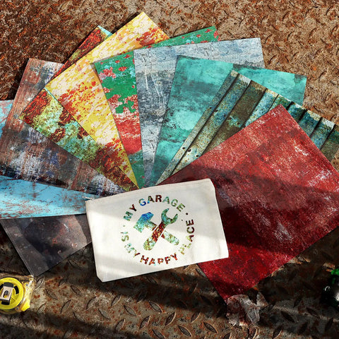 Dope Rusty Look Heat Transfer Vinyl Set With Scratched Distressed Overlay 10 Sheets 10x12 Inch HTV displayed on textured surface