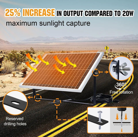 Keep Your 12V Batteries Charged With A 25W Waterproof Solar Panel Kit And Trickle Maintainer Featuring An Adjustable Mount Bracket And Upgraded Controller For Cars, RVs, Boats, Motorcycles, And Marine Use setup on asphalt road capturing sunlight.