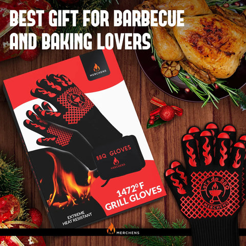 Ultimate BBQ Grill And Oven Gloves Heat Resistant To 1472F With Storage Case And Gift Box, black with red design