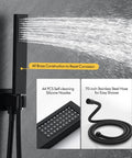 Dope 16 Inch Matte Black Shower System With Rainfall Head And Handheld Ceiling Mounted Bathroom Kit showing brass components