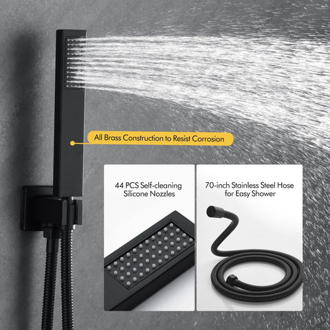 Dope 16 Inch Matte Black Shower System With Rainfall Head And Handheld Ceiling Mounted Bathroom Kit showing brass components