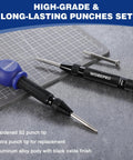 WORKPRO 2-pack automatic center punches with replacement tips; knurled black aluminum handles.
