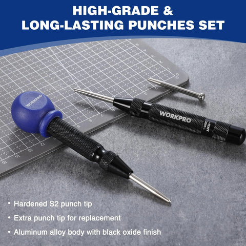 WORKPRO 2-pack automatic center punches with replacement tips; knurled black aluminum handles.