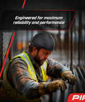 Construction worker wearing WolfJaw Fiberglass Full Brim Hard Hat With Wheel Ratchet For All Day Comfort ANSI safety helmet.