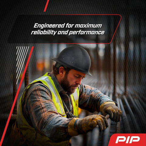 Construction worker wearing WolfJaw Fiberglass Full Brim Hard Hat With Wheel Ratchet For All Day Comfort ANSI safety helmet.