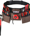 Tough As Nails Heavy Duty 19 Pocket Tool Belt And Work Apron with tools, hammer, tape measure on adjustable poly web belt.