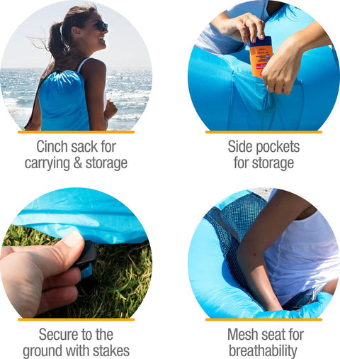 Inflatable Lounger Air Chair Lightweight Self Inflating Beach Chair With Carry Bag Ground Stakes And Storage Pockets details