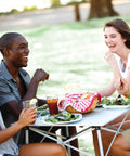 Group dining on Outdoor Folding Table With Aluminum Slat Top And Snap Together Design Seats Four Carry Bag Included