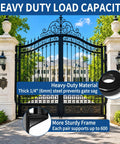 Ornate gate supported by Beefy Heavy Duty Gate Hinges for Metal and Wood Fences, 304 Stainless Steel Construction, 600 LB Capacity