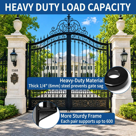 Ornate gate supported by Beefy Heavy Duty Gate Hinges for Metal and Wood Fences, 304 Stainless Steel Construction, 600 LB Capacity