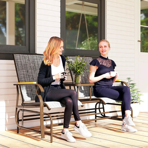 Two Person Outdoor Glider Bench With Built In Table For Patio Hangout Or Porch Gray Swing Loveseat With Breathable Mesh Seats