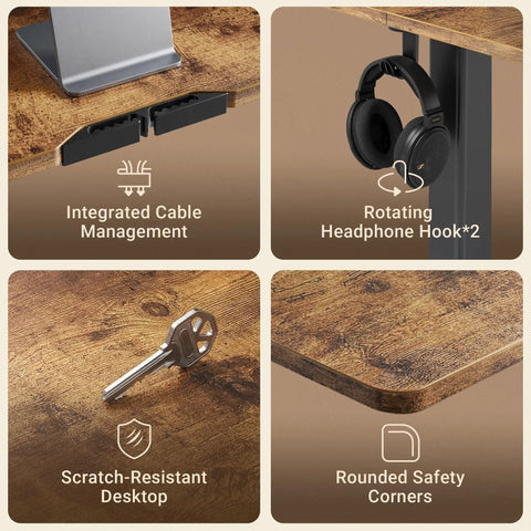 Electric Adjustable Standing Desk For Home Office With 24 By 48 Inch Workspace Sit Stand Design featuring cable management, headphone hooks, scratch-resistant surface, and rounded corners.