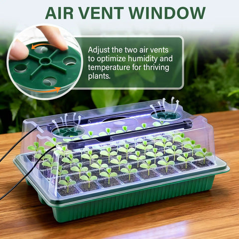 Two Pack Seed Starter Tray With Grow Light Pro Grade 80 Cell Trays showing air vent window for humidity control