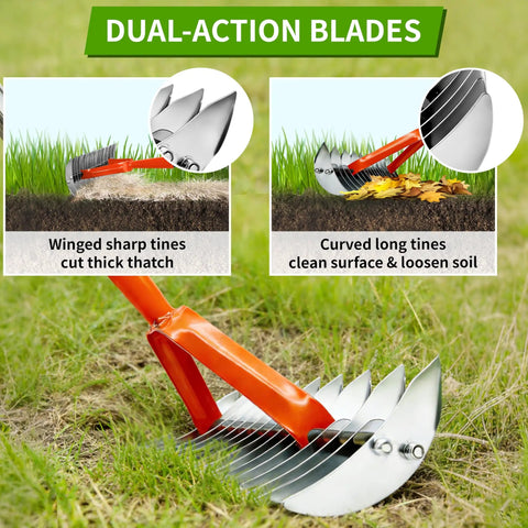 All Purpose Lawn Thatch Rake With 15 Inch Head Beefy 19 Tines 68 Inch Adjustable Handle Heavy Duty Metal Dethatcher dual-action blades shown