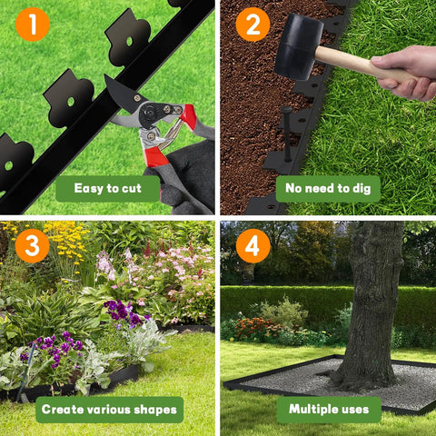4 Inch Tall Landscape Edging Kit, 100 Ft Flexible Lawn Border With 99 Anchoring Spikes, showing ease of use and garden applications