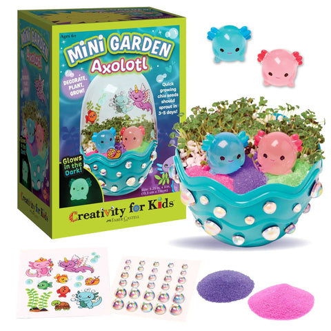 Mini Axolotl Terrarium STEM Kit for Kids A Hands On Garden Experience With Egg Shaped Tank Plant Chia Seeds And Cute Axolotl Toys A Fun Arts And Crafts Gift For Kids Ages 6 And Up Perfect Spring DIY Toy showing terrarium with chia sprouts and colorful axolotl figures.