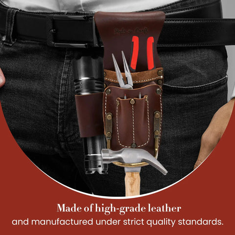 5 Pocket Pliers and Hammer Holder Leather Tool Pouch in Full Grain Dark Tan on belt with tools