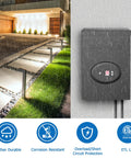 200W Low Voltage Landscape Transformer With Timer And Photocell Sensor Waterproof Ideal For LED Landscape Lighting Path Lights And Outdoor Spotlights From 120V To 12V ETL Listed, shown in outdoor setup.