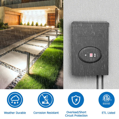 200W Low Voltage Landscape Transformer With Timer And Photocell Sensor Waterproof Ideal For LED Landscape Lighting Path Lights And Outdoor Spotlights From 120V To 12V ETL Listed, shown in outdoor setup.