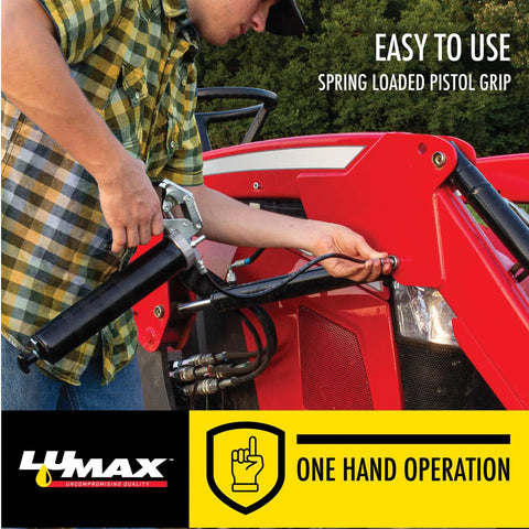 Person using Heavy Duty Deluxe Pistol Grease Gun With 18 Inch Flex Hose One Hand Operation Universal Fit 7000 PSI