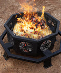 35 Inch Octagonal Wood Burning Fire Pit With Rectangular Cooking Grill 26 Inch Long And 10 Inch Wide For Outdoor Backyard Patio Camping Bonfires Heavy Duty Durable Firepit With Grilling Capability showcasing flames and structure on dirt.