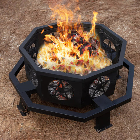 35 Inch Octagonal Wood Burning Fire Pit With Rectangular Cooking Grill 26 Inch Long And 10 Inch Wide For Outdoor Backyard Patio Camping Bonfires Heavy Duty Durable Firepit With Grilling Capability showcasing flames and structure on dirt.