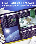 Open instruction booklet from Crystal Growing Tree Kit For Kids, showing crystal formation process and geode specimen.