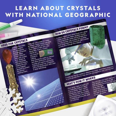 Open instruction booklet from Crystal Growing Tree Kit For Kids, showing crystal formation process and geode specimen.