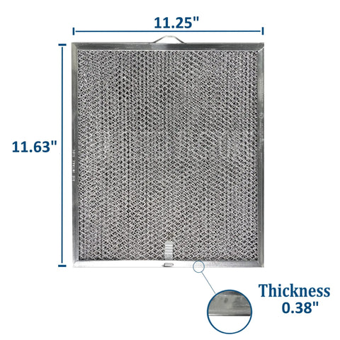 Combo Range Hood Filter With Grease Mesh And Charcoal Carbon In Aluminum Frame Replacement For Various Models 11 1/4 X 11 5/8 X 3/8 Inches 2 Pack Budget Friendly Durable Easy To Install All In One Replacement with dimensions shown
