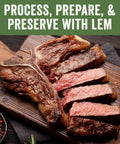 Grilled steak sliced on cutting board, seasoned with herbs, next to peppercorns and rosemary, "Process, Prepare, and Preserve with LEM" text.