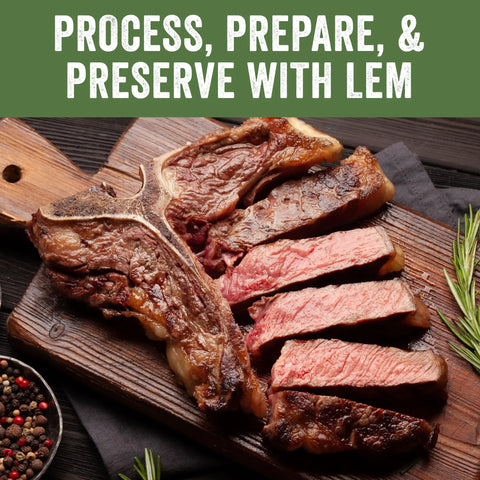 Grilled steak sliced on cutting board, seasoned with herbs, next to peppercorns and rosemary, "Process, Prepare, and Preserve with LEM" text.