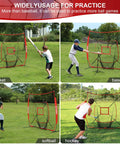 Four athletes using 7x7 Baseball Softball Practice Net With Batting Tee And Bow Frame Backstop Portable Hitting And Pitching Net Kit