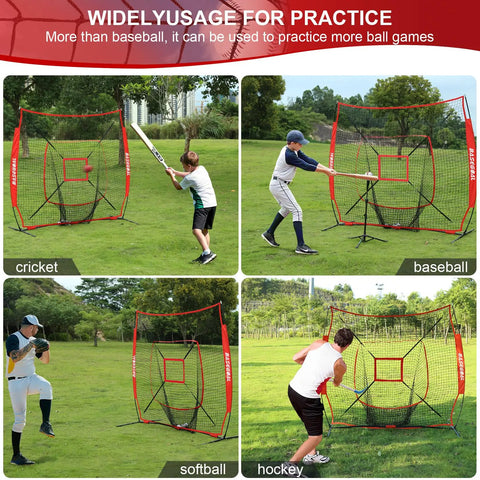 Four athletes using 7x7 Baseball Softball Practice Net With Batting Tee And Bow Frame Backstop Portable Hitting And Pitching Net Kit