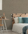 Taupe Grasscloth Wallpaper Peel And Stick 32 Inch Wide By 354 Inch Long Roll in bedroom with bed and string lights.