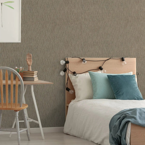 Taupe Grasscloth Wallpaper Peel And Stick 32 Inch Wide By 354 Inch Long Roll in bedroom with bed and string lights.