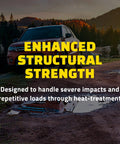 SUV parked on a rugged terrain with text 'Enhanced Structural Strength' indicating vehicle durability in rough conditions.