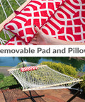 Rope Hammock With Stand For Outside Kick Back Backyard Vibe Heavy Duty Freestanding Outdoor Hammock Set With Quilted Pad And Pillow 12 Foot Steel Frame 275 Lb Capacity Royal Red showing quilted pad and pillow.