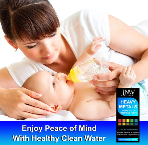Mother feeding baby with bottle, Heavy Metals Drinking Water Test Kit With Strips And eBook packaging shown