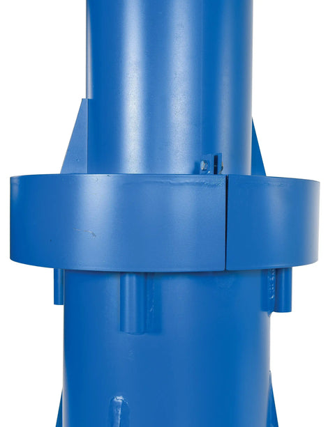 Close-up of the blue support column for the Rock Solid Transportable Jib Crane Featuring Smooth Friction Brake Design.
