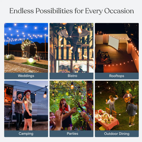 Ambience Pro Solar Powered Outdoor String Lights With Remote Control And Edison Bulbs lighting up various outdoor events
