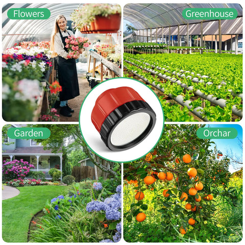 1000-Hole Garden Hose Nozzle With Soft Mist Spray for flowers, greenhouse, garden, orchard; red nozzle shown in center