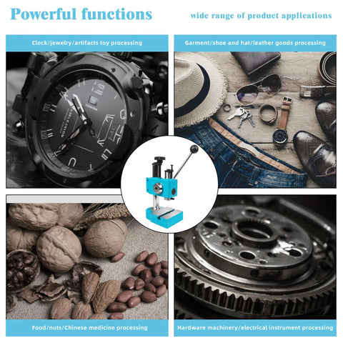Arbor Press 2KN Spring Loaded Manual Shaft Press Benchtop Hand Hole Puncher surrounded by diverse material examples for processing.