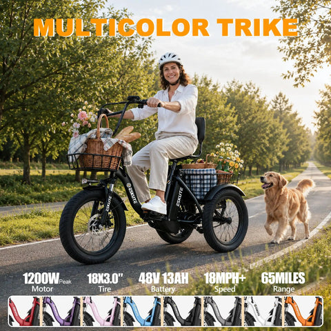 Boss Level Fat Tire Electric Tricycle For Adults With Folding Frame And Basket 1200W Peak Motor 48V 13Ah Battery 18 Inch Fat Tires Step Through Ebike Up To 65 Miles And 18 MPH Stable Comfortable Ride, woman riding