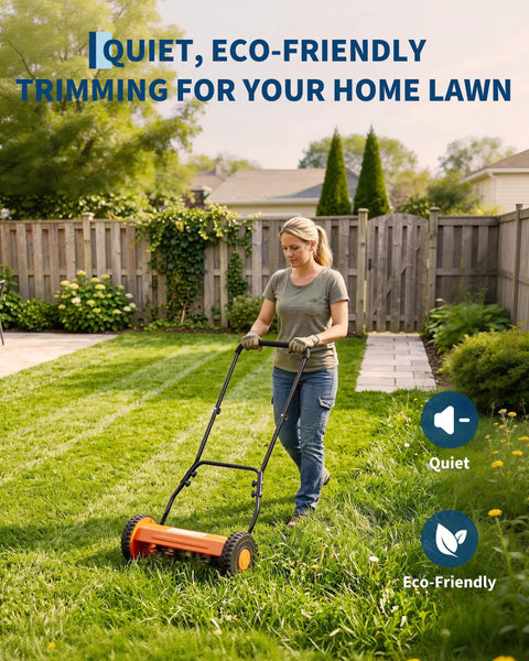 Compact 16 Inch Push Reel Lawn Mower With Five Blade Manual Reel Cutter Adjustable Cutting Height Walk Behind For Small Yards Orange Finish Scissor Like Clean Cut For Neat Lawn No Fuss in use on backyard grass