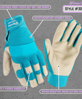 HydraHyde Water Resistant Leather Work And Garden Gloves For Women, shown with spandex back and adjustable wrist closure, small.