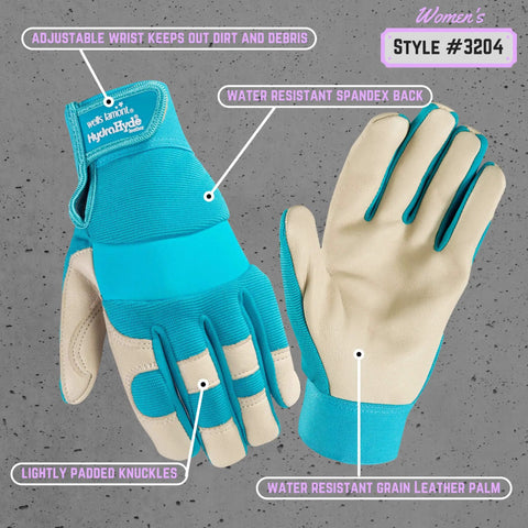 Women's Hybrid Work And Garden Gloves With Water-Resistant HydraHyde Leather Medium Size showing adjustable wrist and palm