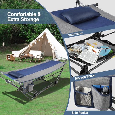 Portable Folding Hammock With Stand Removable Pillow Storage Net Foldable Lounge Camping Bed for outdoors with pillow and pockets